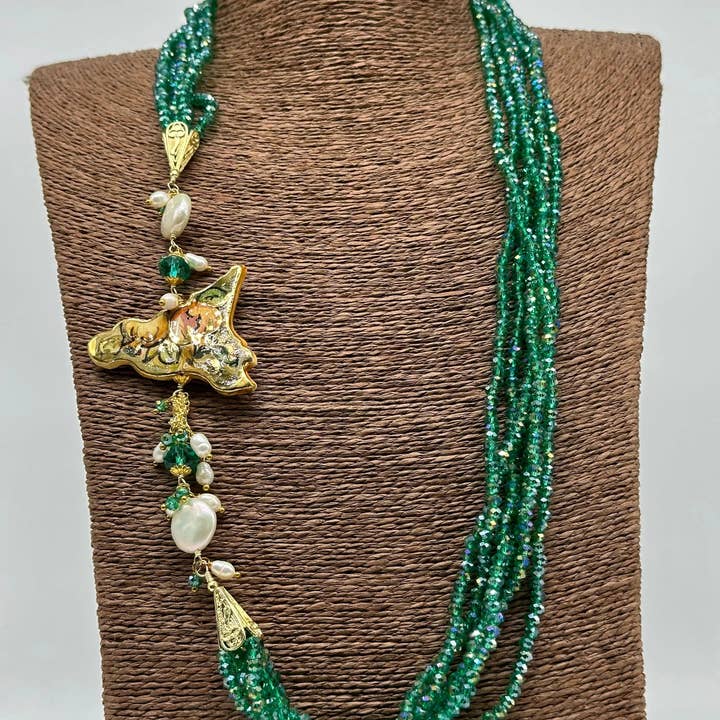 DD Ceramiche Siciliane - Wholesale Beaded/Pearl Necklace - Green Stone multi-strand necklace, Sicily pendant, pearls and stones3