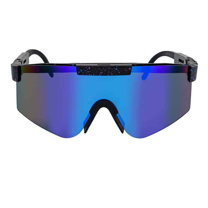COBRA - Large Adjustable Shield Sunglasses Black Blue-Speckled Blue Mirror for wholesale by Morspecs