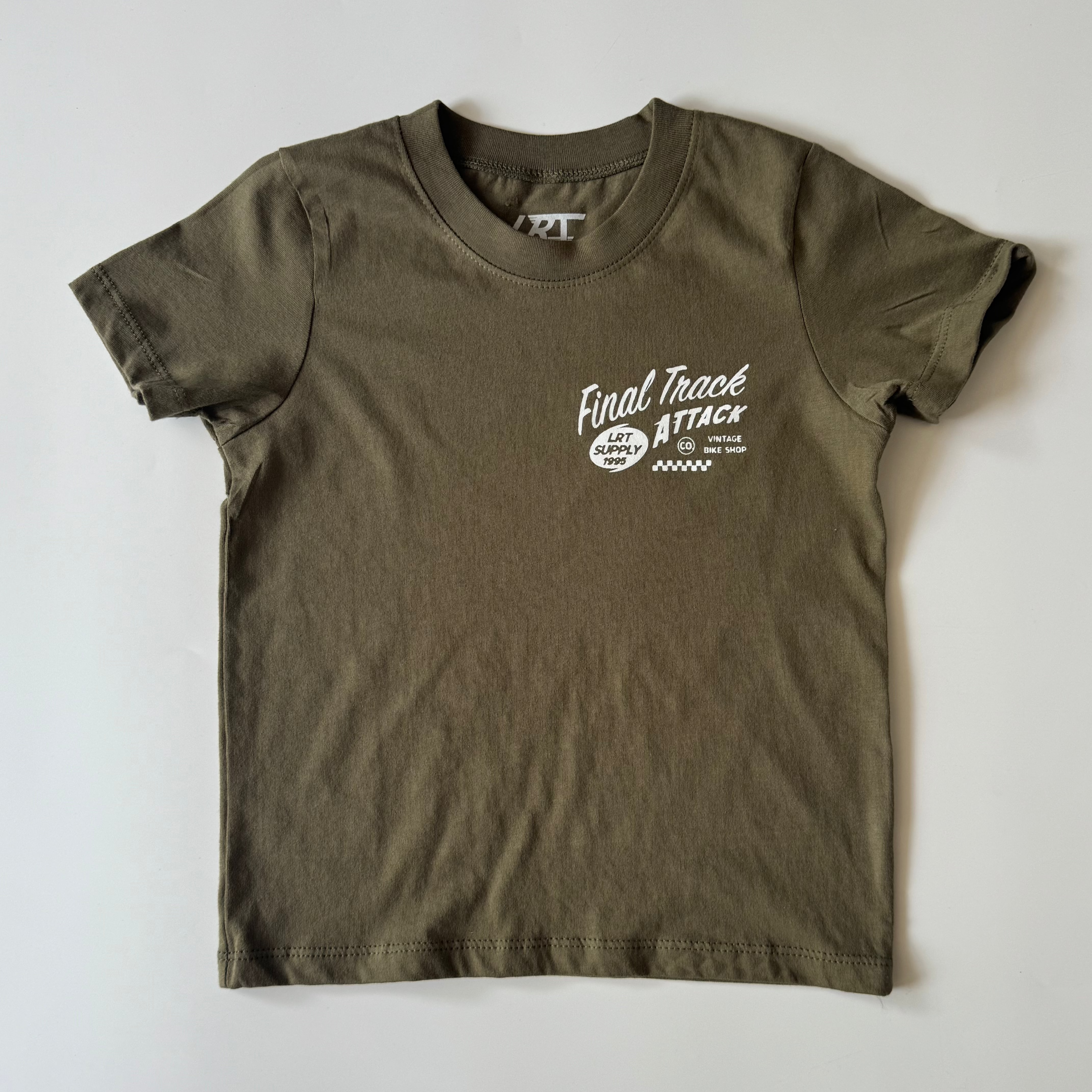 Little Rad Things - Wholesale Screen Printed T-Shirt - Kids - FINAL TRACK ATTACK TEE - MILITARY GREEN1