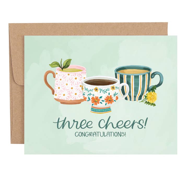 Three Cheers Congratulations Teacup Greeting Card for wholesale by 1canoe2 | One Canoe Two Paper Co.