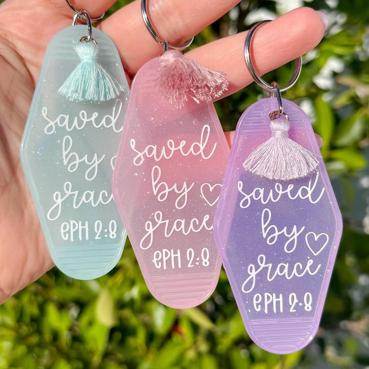 Porte-clés Motel Pailleté Sauvé par la Grâce Ensemble Cadeau Chrétien pour la vente par Lion + Lamb