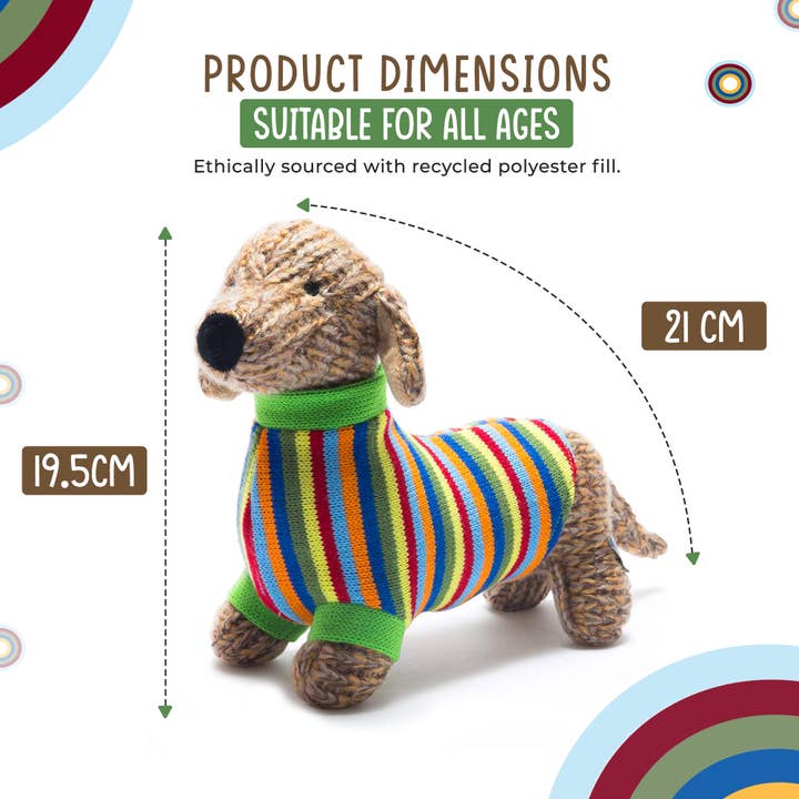 Best Years Ltd – wholesale Stuffed/plush toy – Kids & baby – Knitted Sausage Dog Soft Toy Teddy with Stripe Jumper1