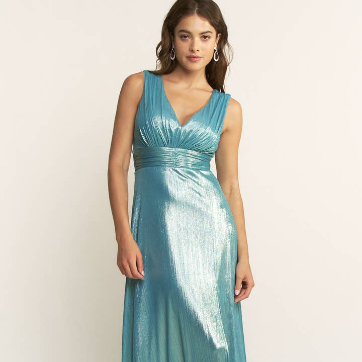Shimmering Metallic Empire Waist Maxi Bridesmaids Dress for wholesale by YNEZ
