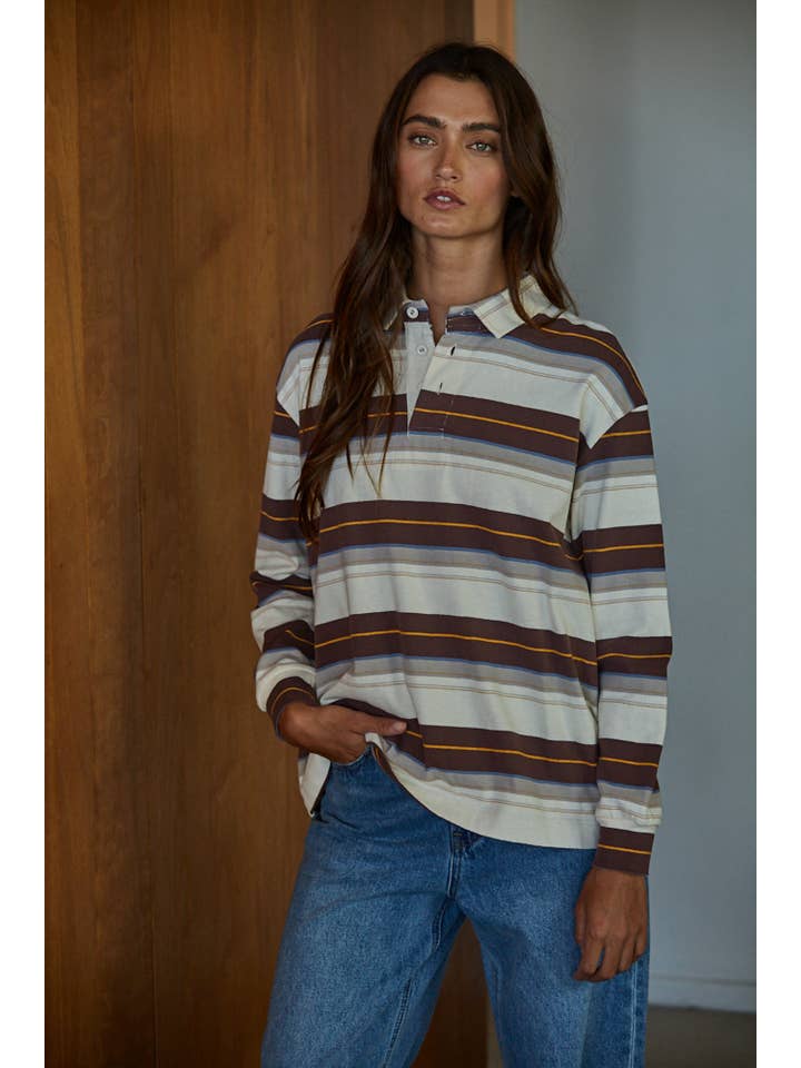 Cream Chocolate L8512 | Knit Cotton Jersey Striped Collar Neck Pullover for wholesale on Faire