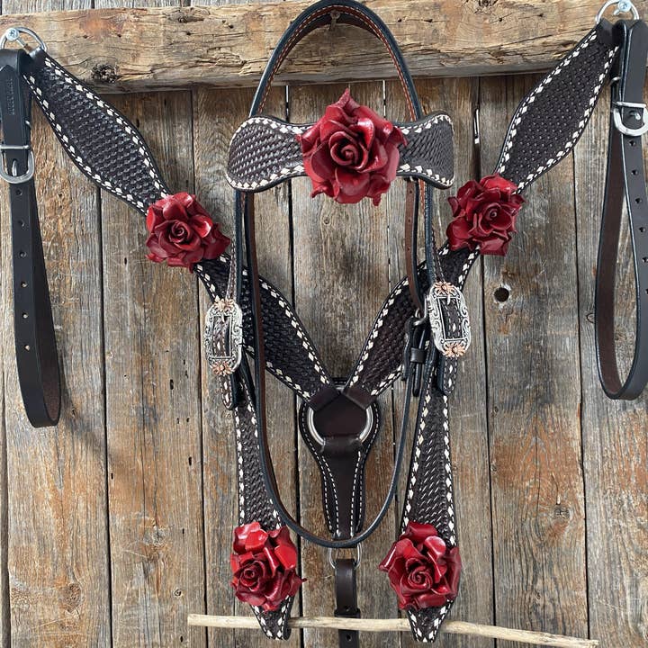 Costura Óleo Escuro - Conjunto de Headstall & Peitcolar Rosa Vermelho #BBBC402 por atacado de Rodeo Drive