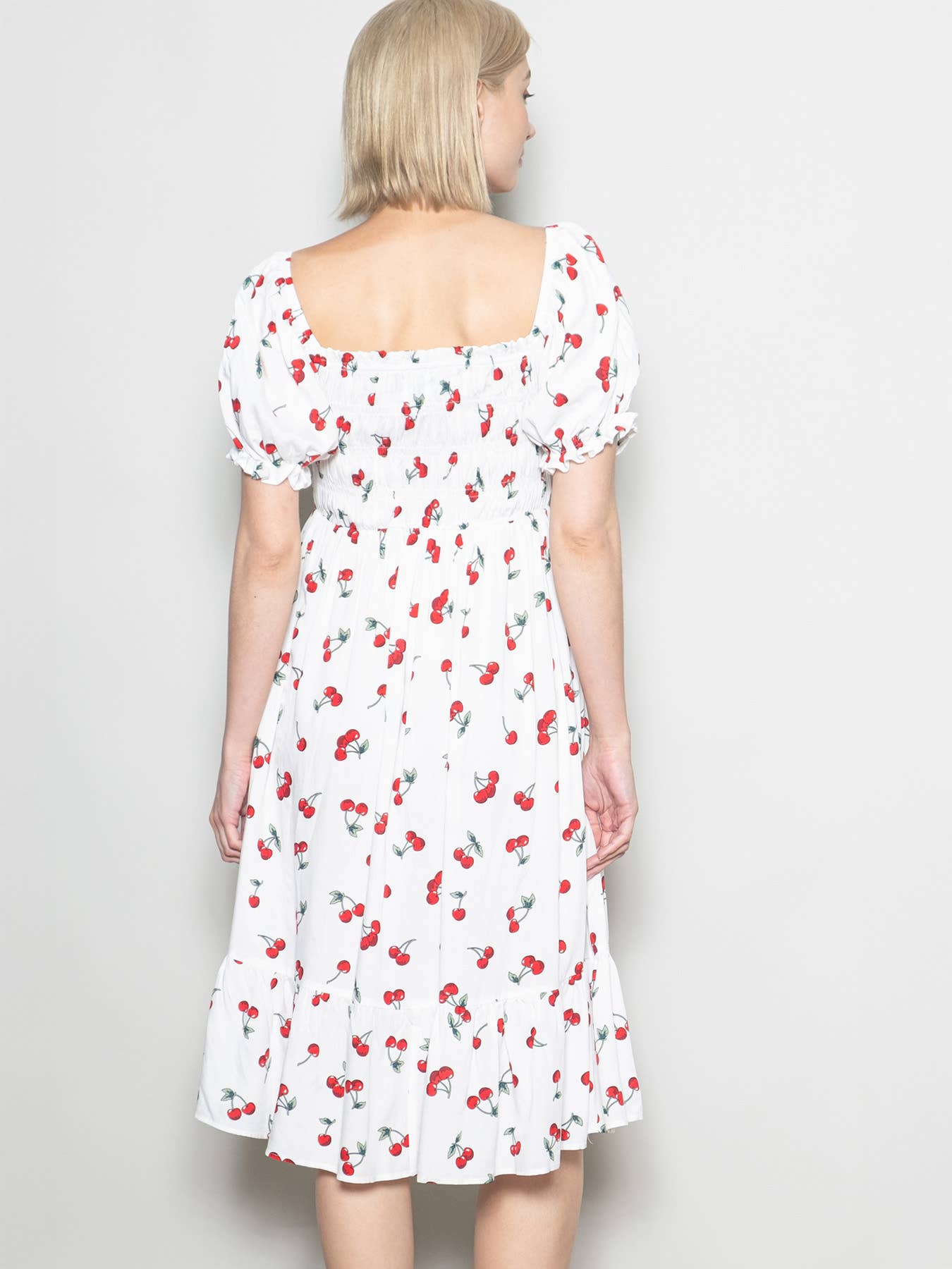 Elloh Collection - Wholesale Dress - Women's - Puff Sleeve Square Neck Cherry Print Dress with Pockets11