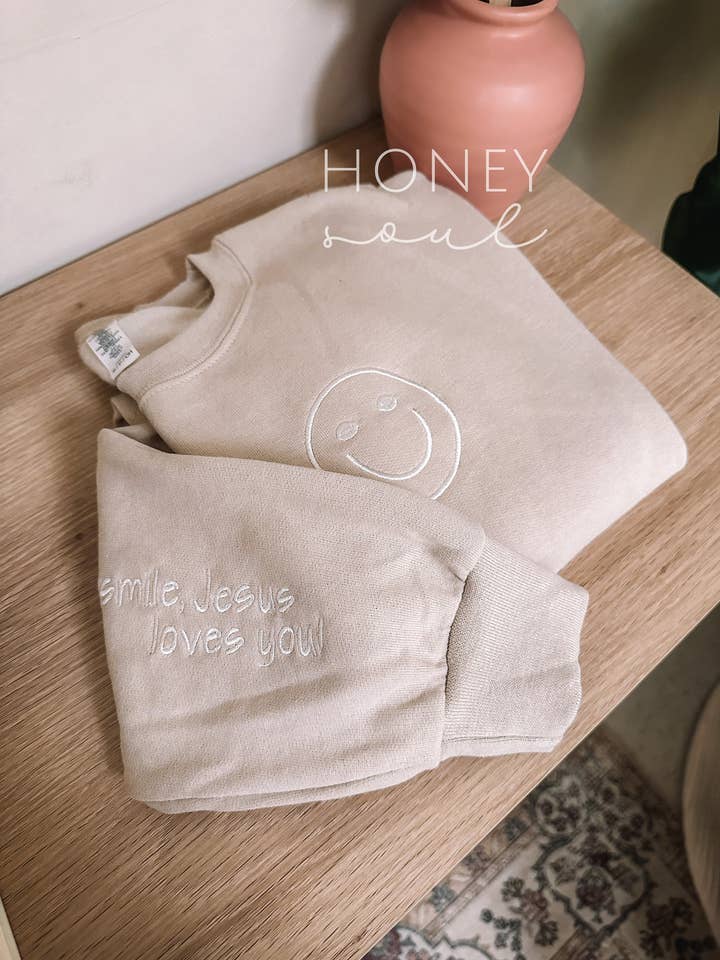 Honey Soul LLC - Wholesale Sweatshirt - Women's - Embroidered Smile Jesus Loves You Sweatshirt