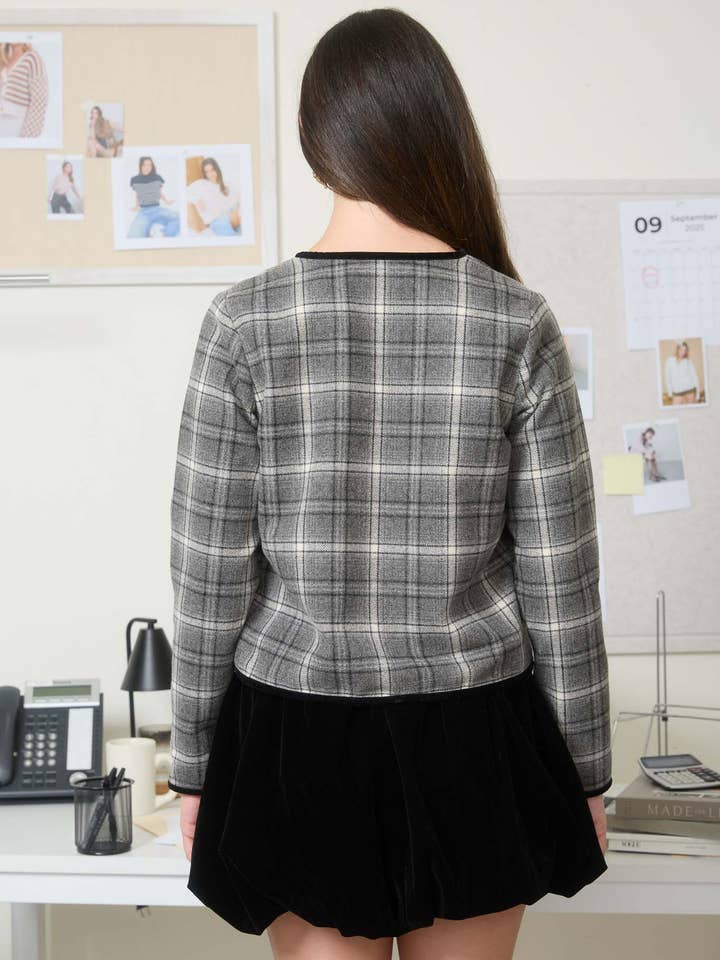 CHARCOAL PLAID VELVET FRONT BOW TIE DETAIL BLAZER for wholesale on Faire1