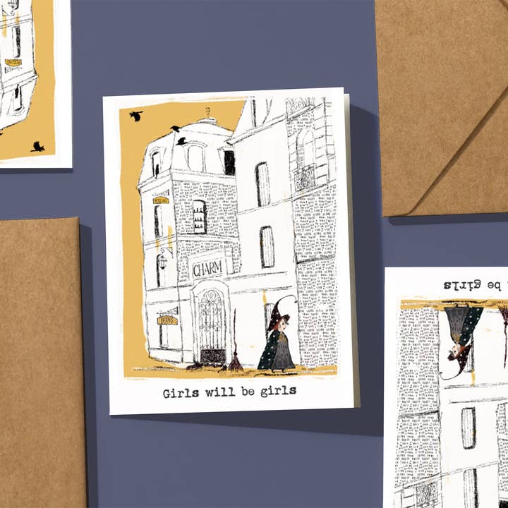 Girls Will Be Girls Witch Halloween Greeting Card for wholesale by Yellow Birds Design