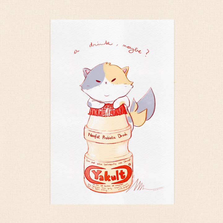 Un drink? - Gatto su cartolina Yakult per la vendita all'ingrosso da parte di bao by andrea