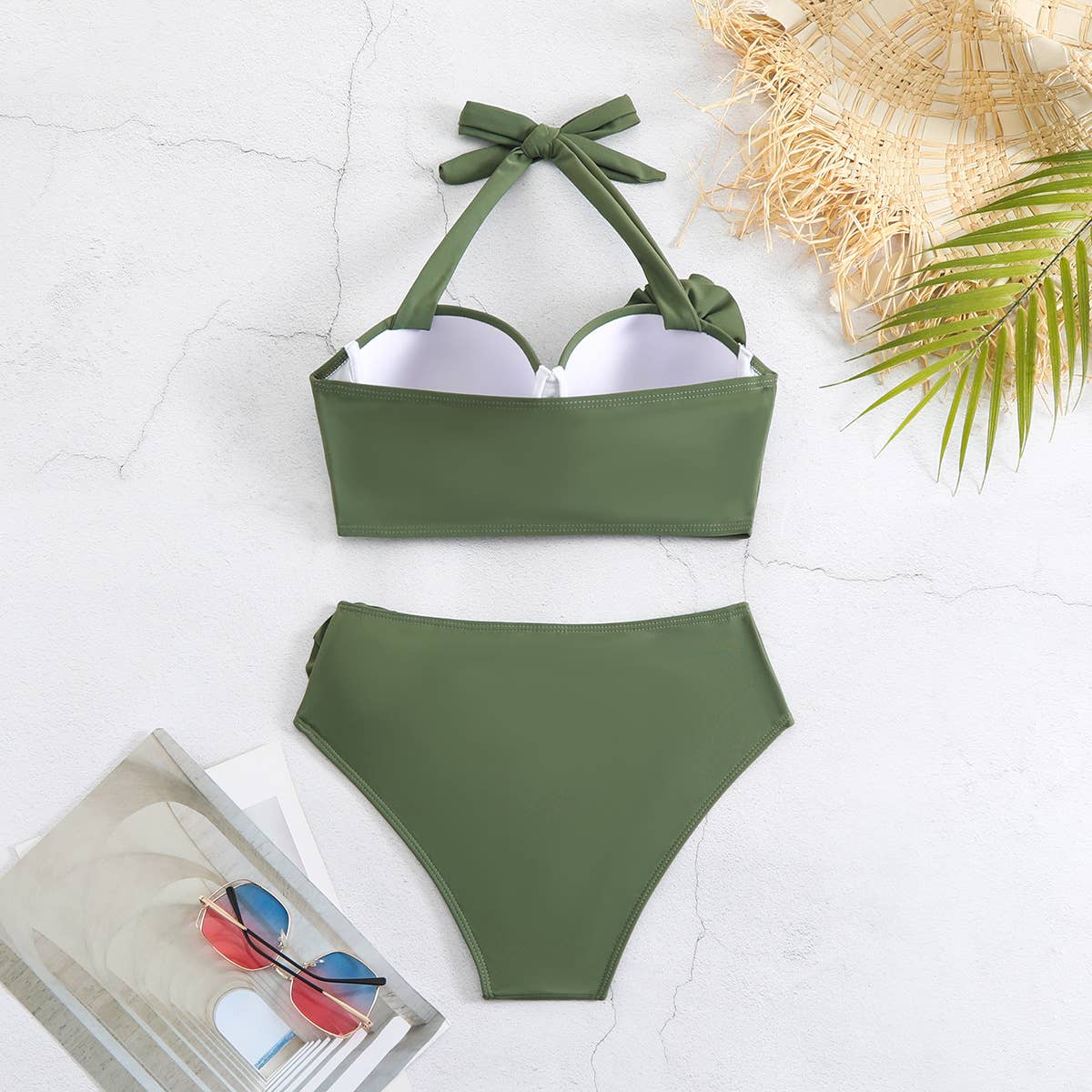 Green Solid color halter neck strappy two-piece swimsuit bikini for wholesale on Faire2
