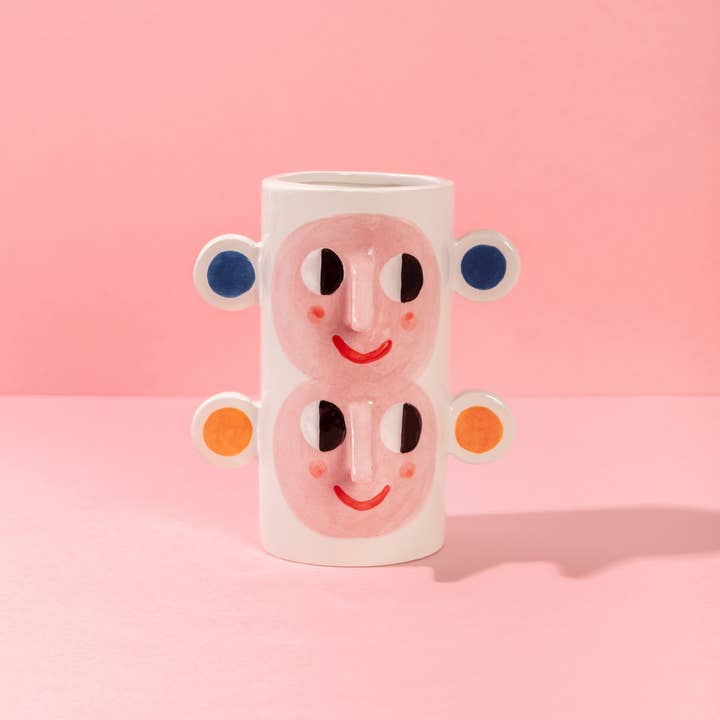 Double Face with Orange & Blue Ears / Ceramic Vase for wholesale by Ana Seixas