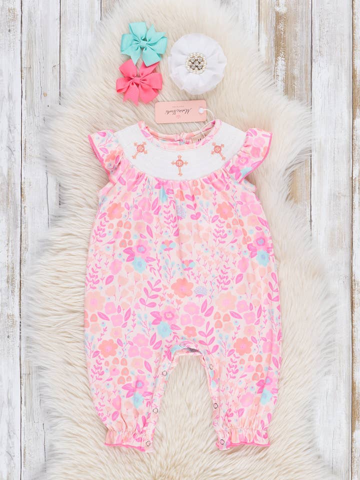 Easter Floral Smocked Romper for wholesale by Marie Nicole Clothing