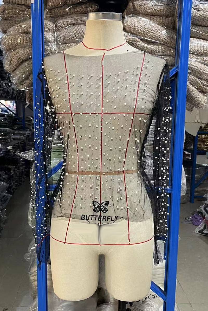 Rosa Clothing - Wholesale T-Shirt - Women's - Shining pearl embellished see through sheer mesh tee top3