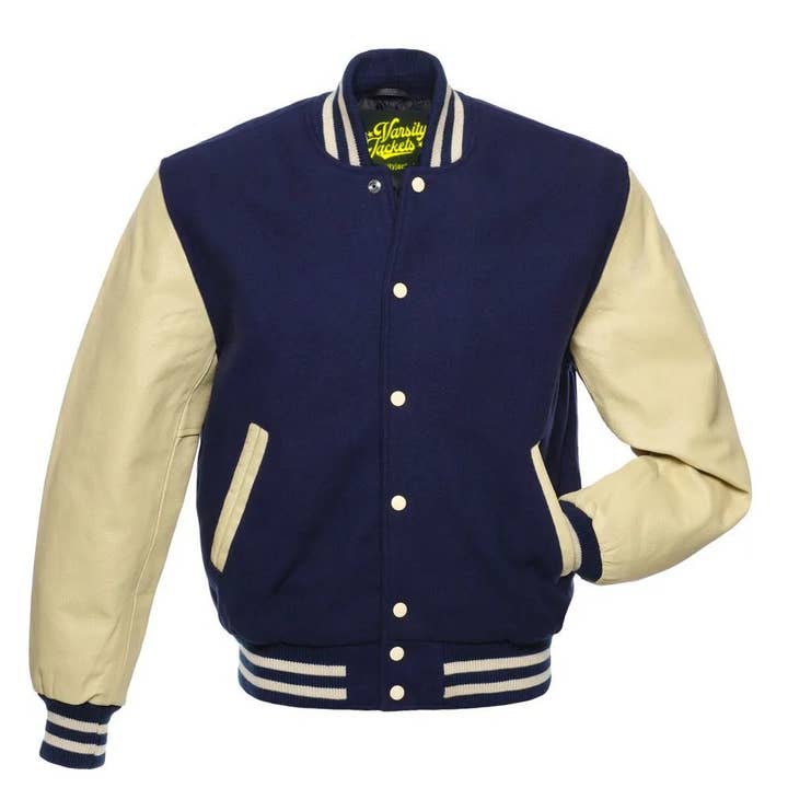 Navy Blue Wool&Cream Leather Sleeves Classic Letteman Jacket for wholesale by Varsity Craft