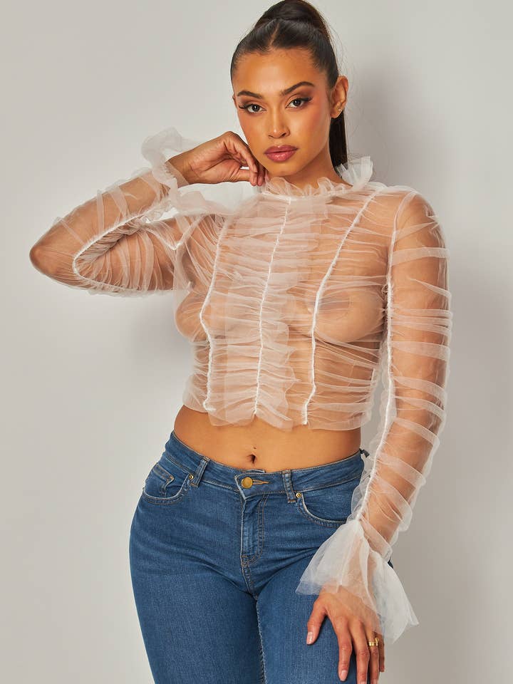 Hot & Delicious – Engroshandel Bluse - Dame – All Of Me Shirred Mesh Mock Hals Langærmet Top (HDT31460)14