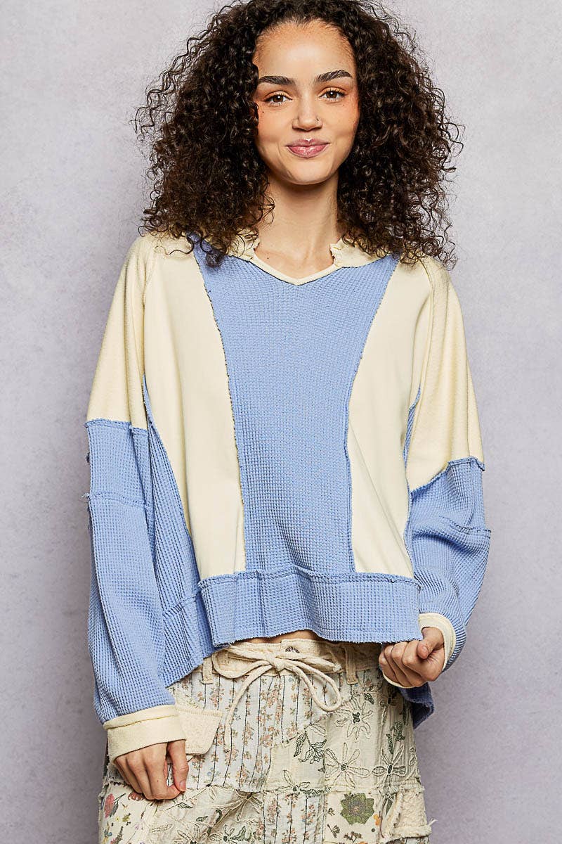 Pol Clothing - Wholesale Knit Top - Women's - Notched Neck Contrast Fabric Basic Long Sleeve Top SALE10