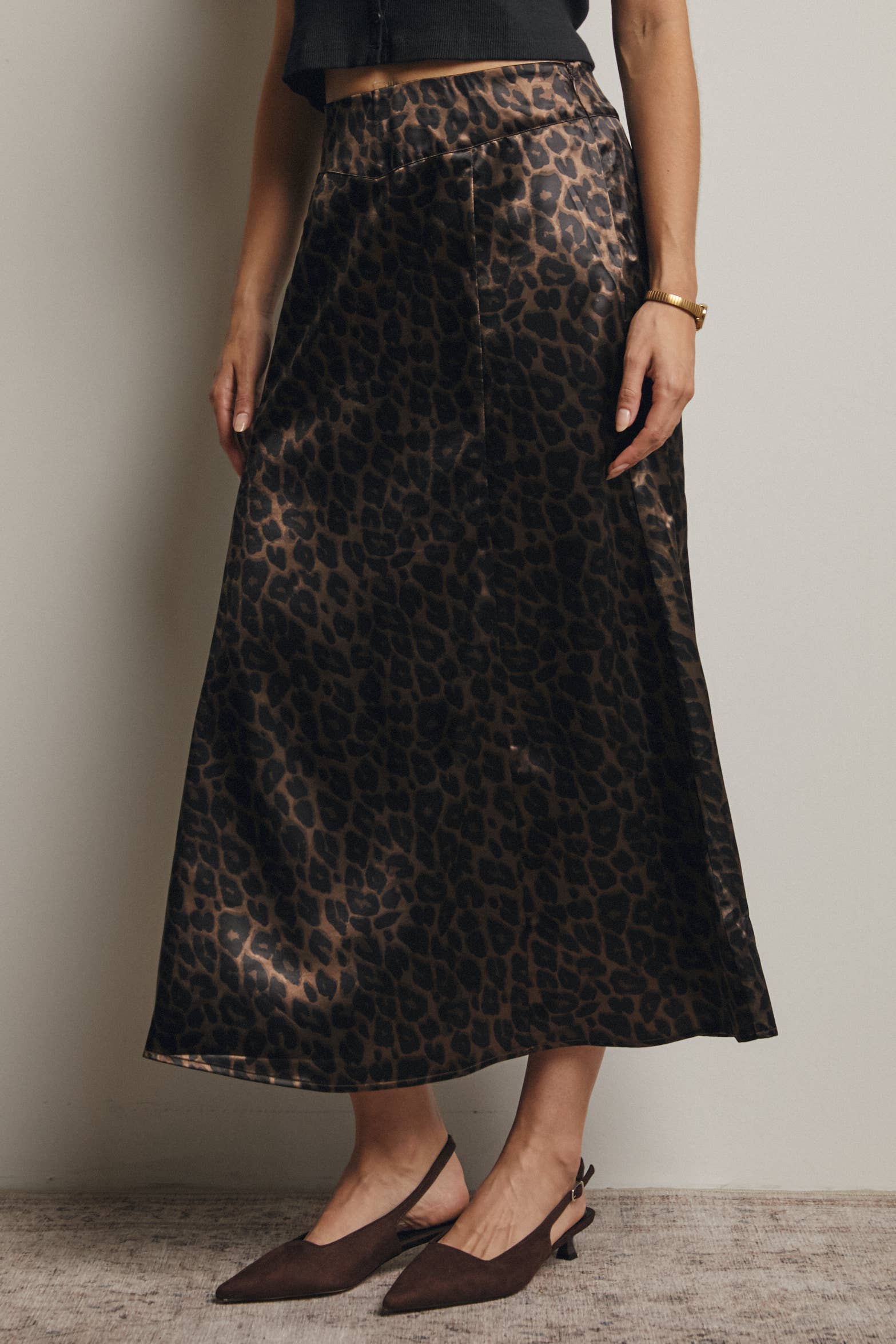 Forte - Wholesale Skirt - Women's - Leopard Print Satin Midi Skirt FSK000716
