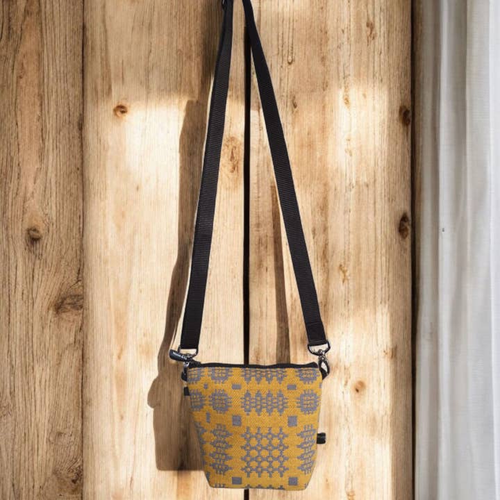 Mustard Welsh tapestry blanket design mini cross body bag for wholesale by Moose & Co