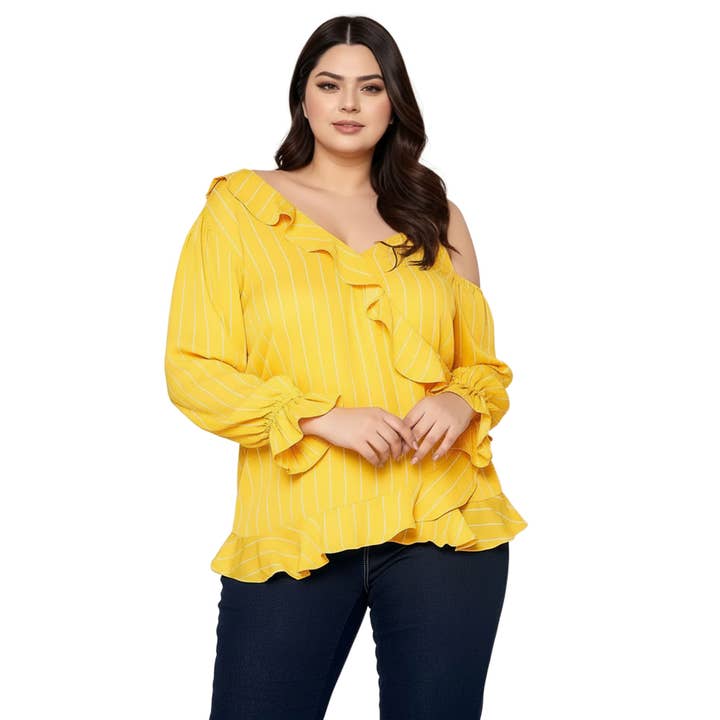 Robin K – Blusa - Mulher por atacado – Blusa de babados assimétrica tamanho grande da Nurode