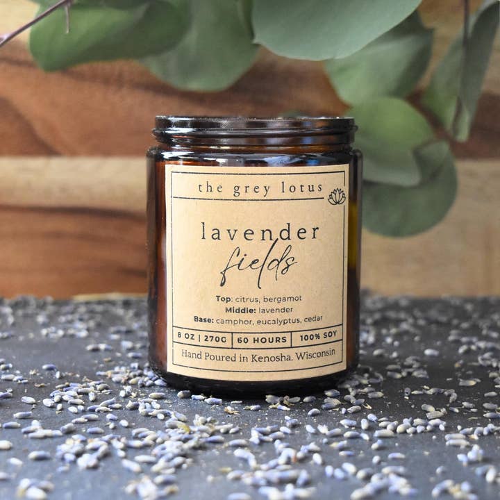 The Grey Lotus - Wholesale Jar/Filled Candle - Lavender Fields 100% Soy Wax Amber Jar Candle - 8 oz