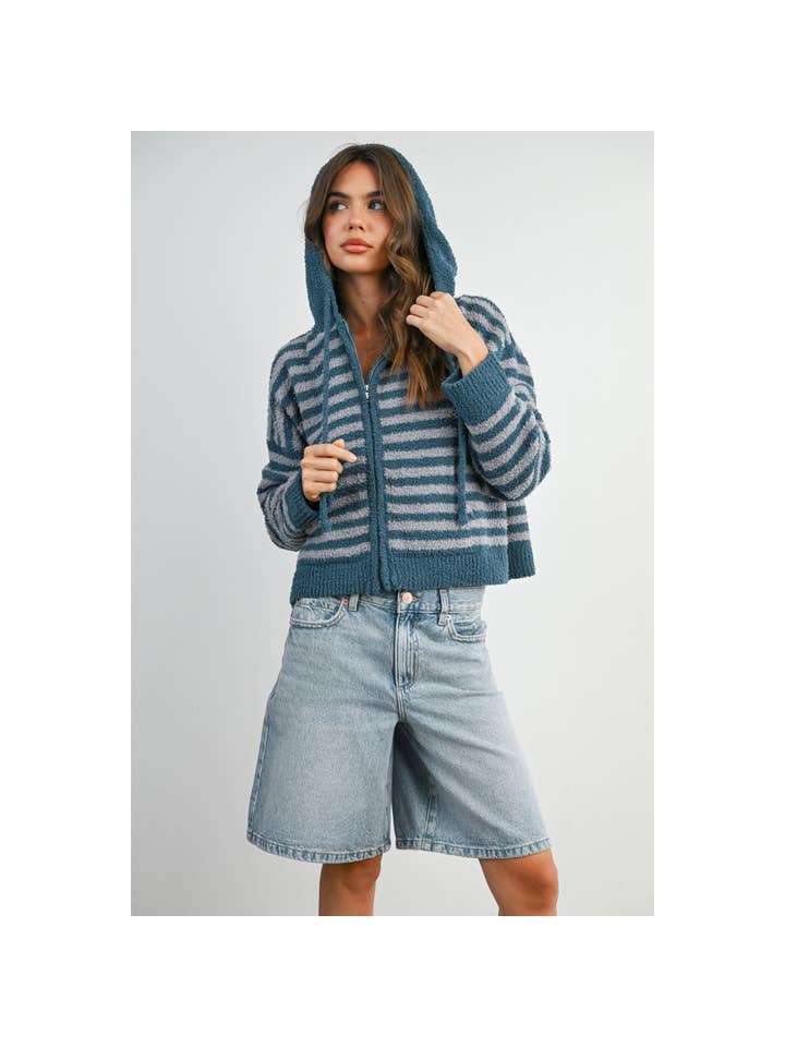 BUTTERMELON - Wholesale Knit Sweater - Women's - Striped Zip-Up Hooded Cardigan - BMC809730