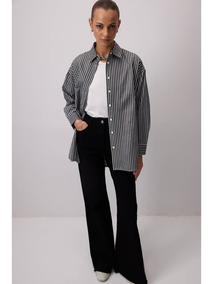 Siyah THIN STRIPED OVERSIZE SHIRT - COTTON BLEND for wholesale on Faire1