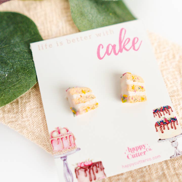 Happy Cutter Co - Wholesale Stud/Post Earrings - Funfetti Sprinkled Cake Clay Stud Earrings | Bakery Gift3