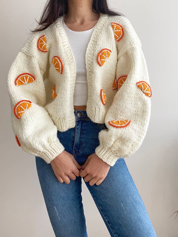 Cardigã de Malha Grossa Laranja Feito à Mão com Fatias por atacado de Honey Art and Nature