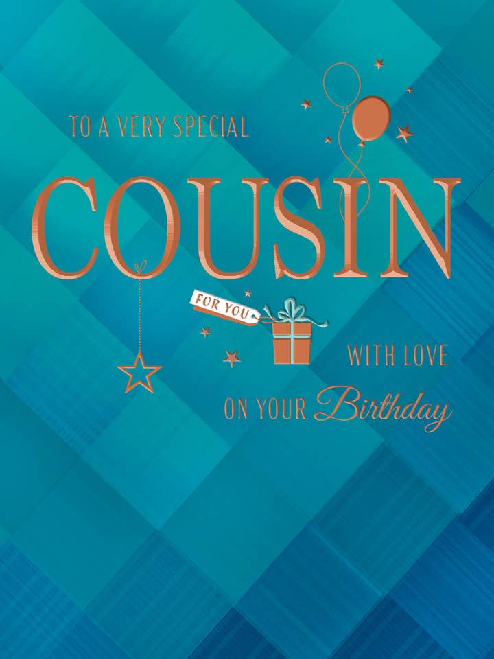 Birthday Card, Cousin M, Presents On Blue Pattern for wholesale by Piccadilly Greetings