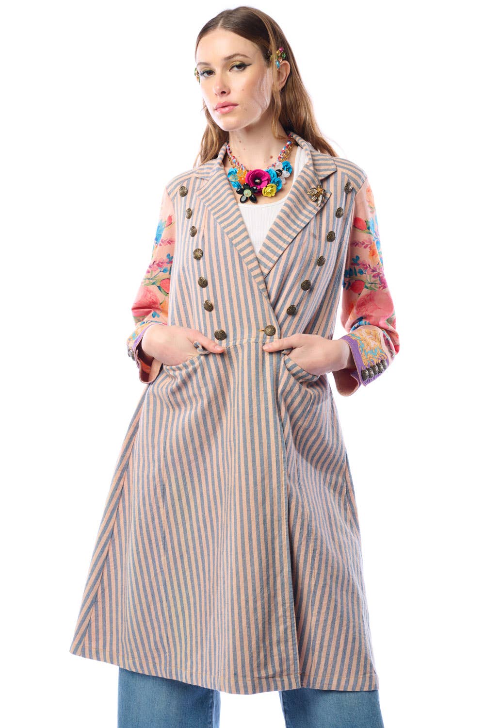 Tevask/Blå Striber Combo Sømandens Kærlighedsfrakke | Stribet Lang Frakke | Blomstret Ærmefrakke for engroshandel på Faire3