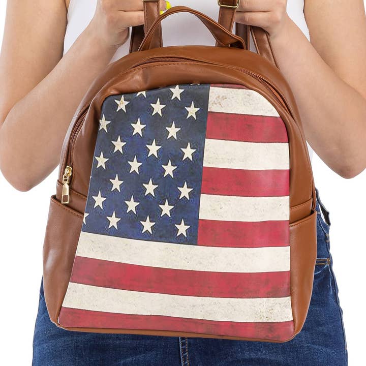 Cap Zone - Vente Sac à dos – femme - Sac à dos en cuir végétalien doux avec imprimé drapeau américain vintage3