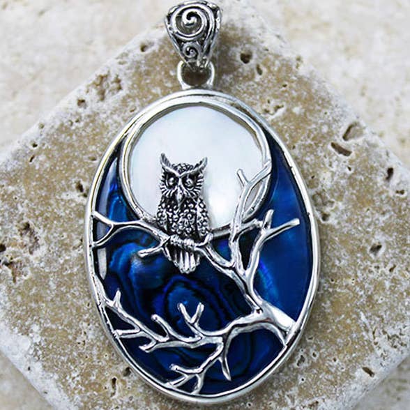 Large Sterling Silver OWL Full Moon Scene Shell Pendant for wholesale by Goddess Design Studio
