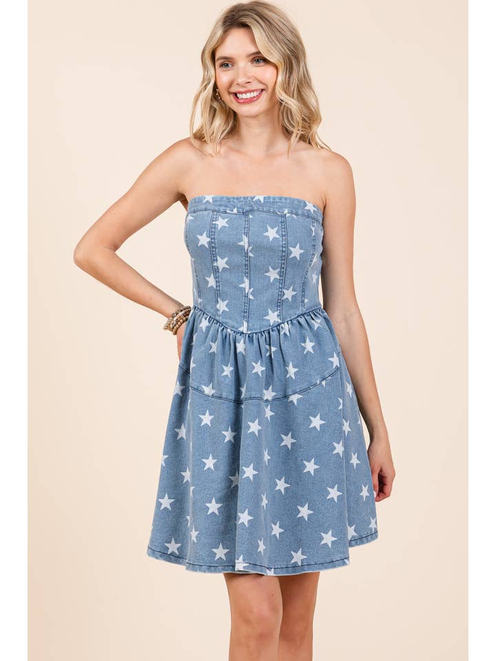 GeeGee x Lovelo - Wholesale Dress - Women's - Star Print Denim Mini Dress: MD5063017