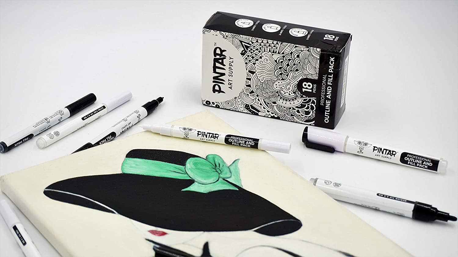 Pintar Art Supply - Wholesale Marker - PINTAR Art Supply Professional Outline & Fill Pack - Set of 18 Black/White Paint Markers (6) 0.7mm (6) 1mm (6) 5mm Tips - Smooth-Flowing Japanese Ink5