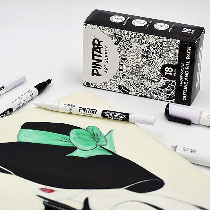 Pintar Art Supply - Wholesale Marker - PINTAR Art Supply Professional Outline & Fill Pack - Set of 18 Black/White Paint Markers (6) 0.7mm (6) 1mm (6) 5mm Tips - Smooth-Flowing Japanese Ink5
