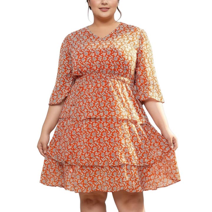 Pleione Plus Size Blommig Skiktad Ruffle Chiffong Klänning I Rött för wholesale av Robin K