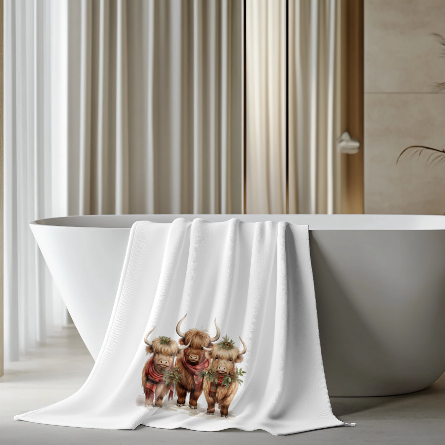 Fernville Creations - Vente Serviettes de bain - Serviette de bain de vacances Highland Cow : Velours pelucheux et éponge de coton6