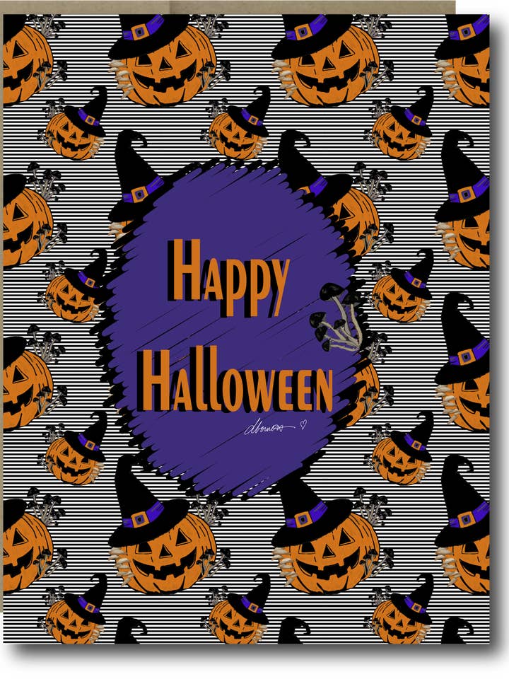 Hekserige Pompoen Halloween Kaart – Fijne Halloween Wenskaart met Jack-O'-Lanterns, Heksenhoeden en Spookachtig Paars Ontwerp - WITCHSHROOMKIN – Blanco Binnenkant Wenskaart voor wholesale door Color Crumbs Club