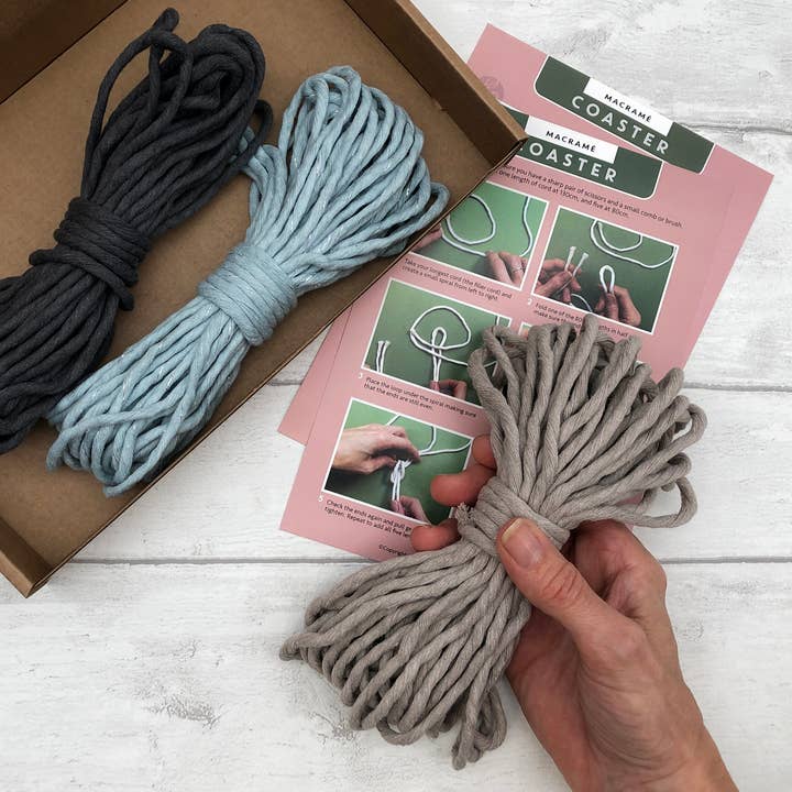 Bergin & Bath - Wholesale DIY Craft Kit - Macrame Kit Coasters - Mist Blue, Pearl and Charcoal4