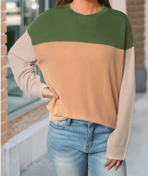 Lovesoft - Wholesale Knit Top - Women's - Khaki Block Long Sleeve Ribbed Loose Casual Top8