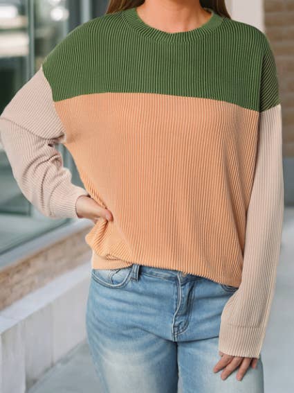Lovesoft - Wholesale Knit Top - Women's - Khaki Block Long Sleeve Ribbed Loose Casual Top8