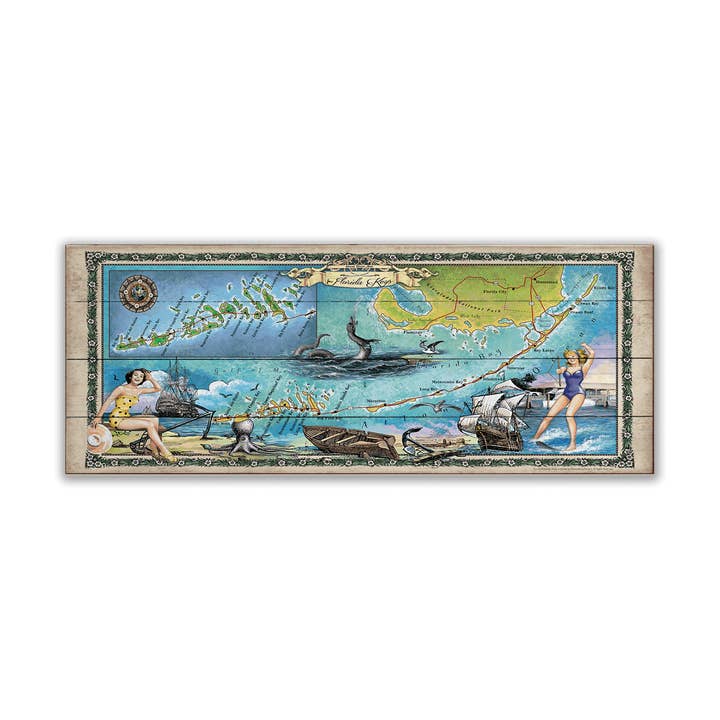 Les Keys de Floride : Carte illustrée large - Décoration murale pour la vente par Old Wood Signs