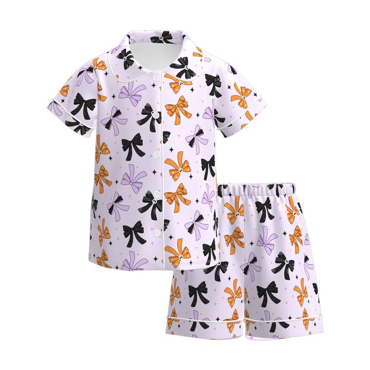 Auraquise - Wholesale Sleepwear Set - Kids - Girls Halloween Pumpkin Ghost Bow Pajamas 2 Pieces Set3