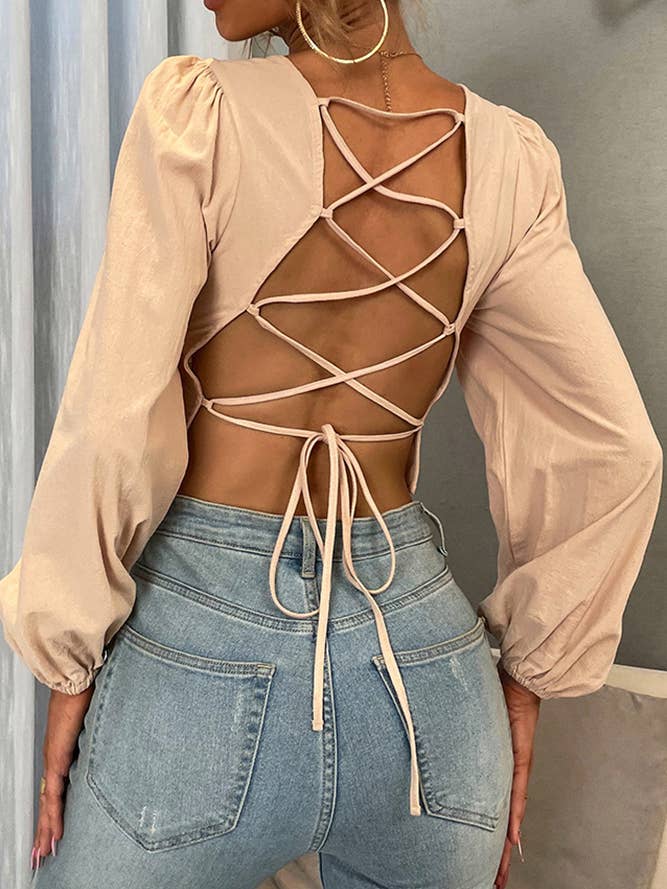 Black Plain Backless Criss Cross Puff Long Sleeves Top YSQ125 for wholesale on Faire