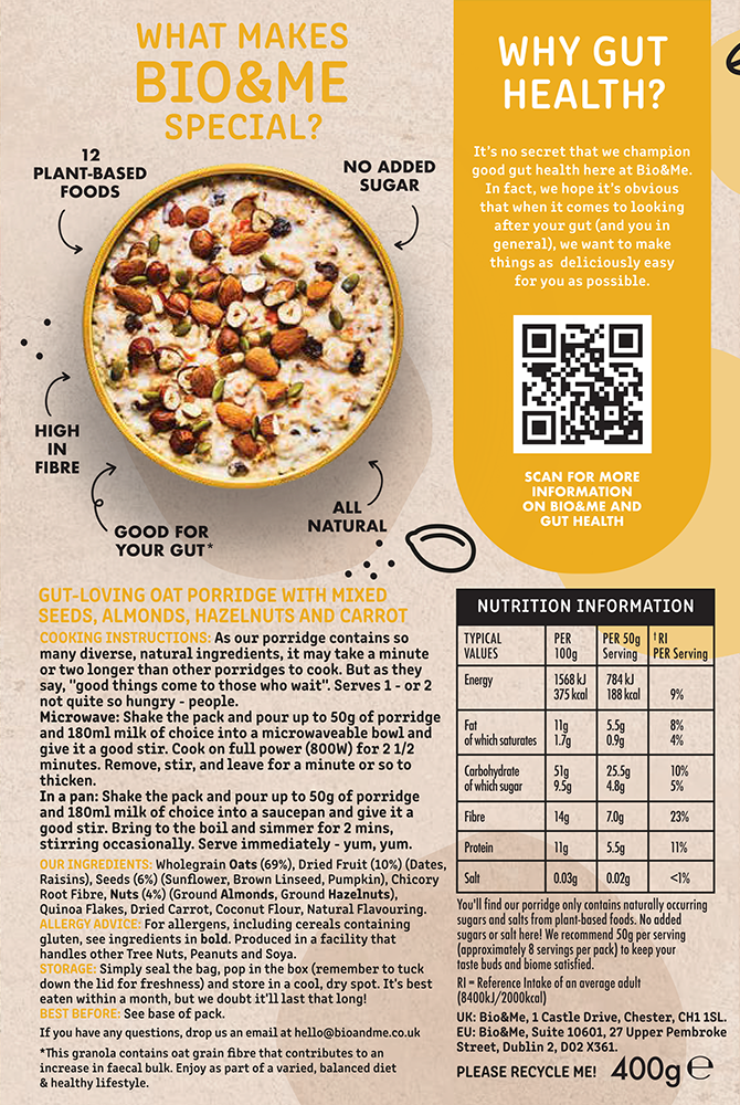 Bio & Me – wholesale Breakfast cereal – Super Seedy & Nutty Gut-Loving Prebiotic* Porridge - 400g4