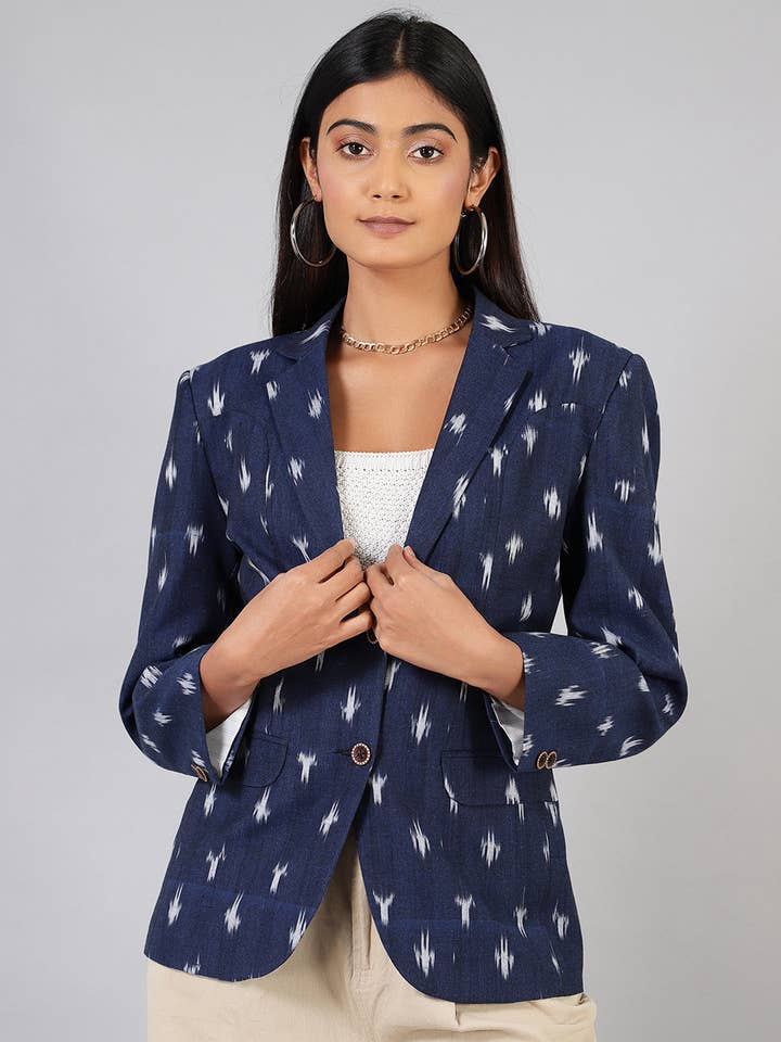 Ikat Blue Cotton Blazer (5) for wholesale by INDOPHILIA