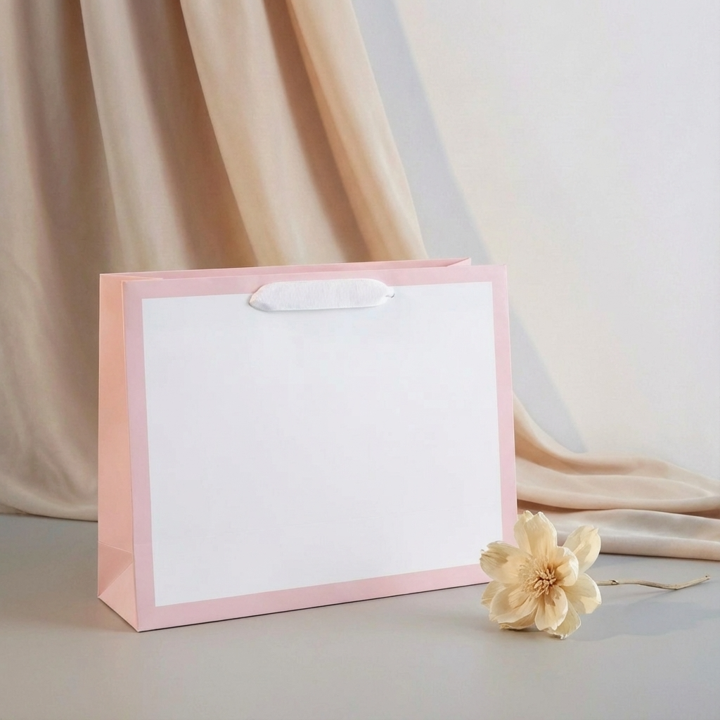 ByHome - Vendita all'ingrosso Buste regalo - 24 pezzi, Borsa regalo bianca con soffietto e bordo rosa pastello con carta velina4