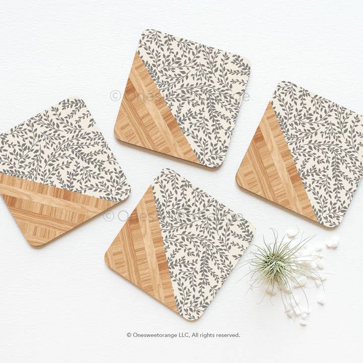 Cork Coaster Set of 4, Floral Faux Wood Coasters for wholesale by Onesweetorange
