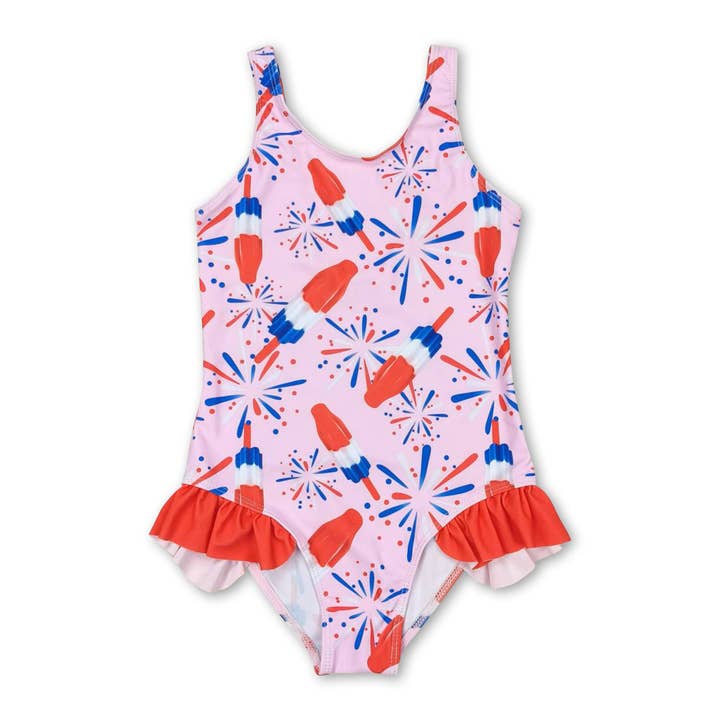 Sleeveless pink popsicle firework girls 4th of july swimsuit for wholesale by Yawoo Garments